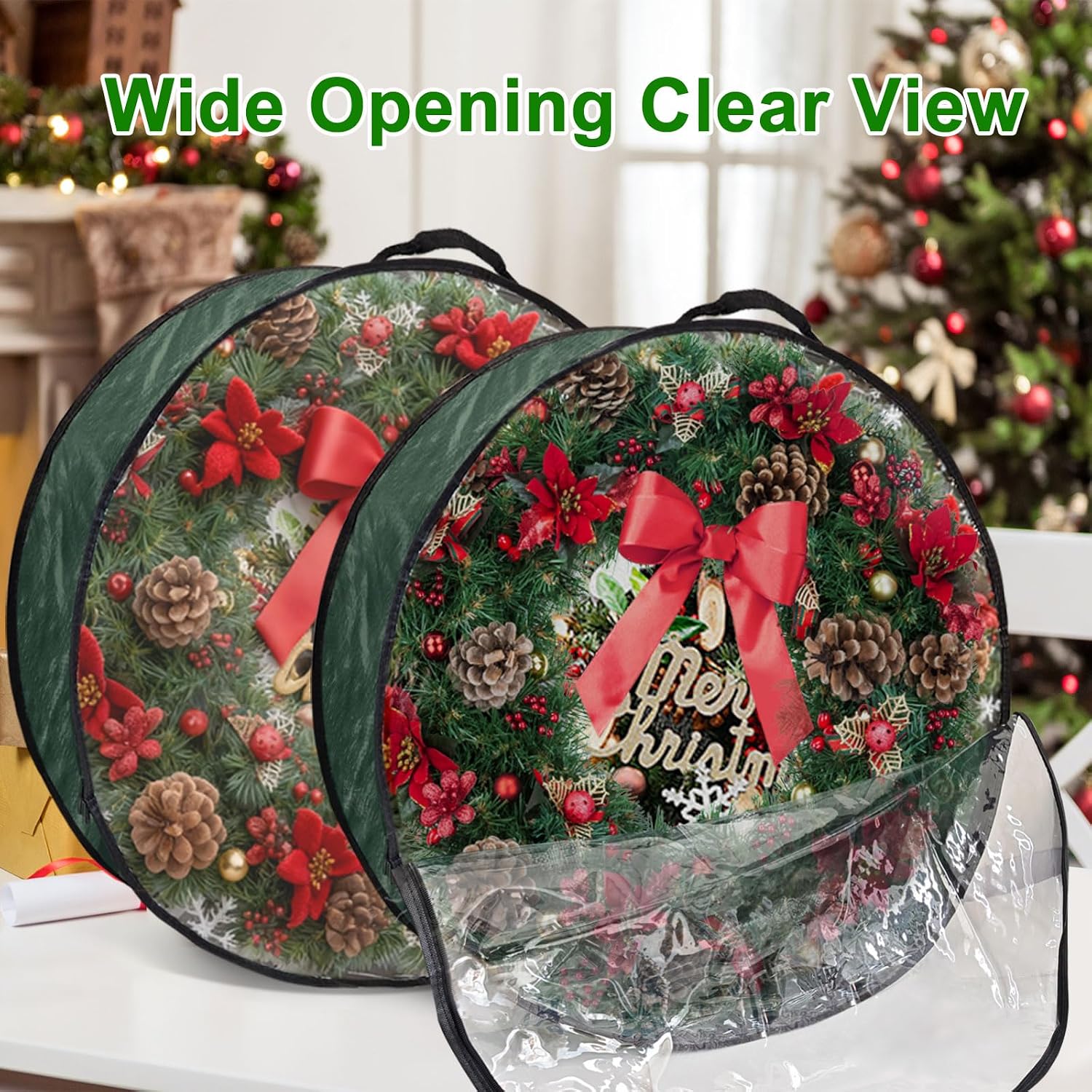 4 Pack 30x8Inch Christmas Wreath Storage Container, Large Clear Holiday Garland Storage Bags with Handle(Green)