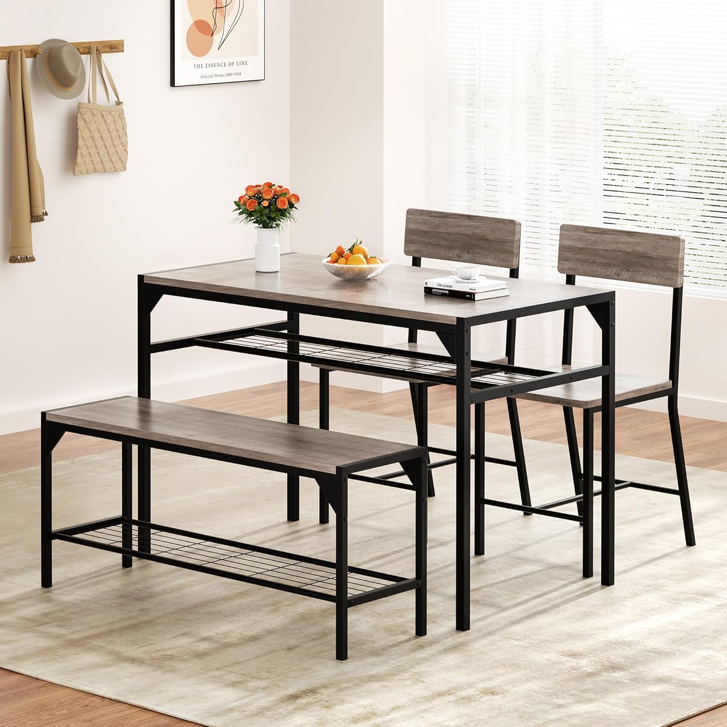 Shintenchi Kitchen Table Chairs Set of 4, Dining Table Set for 4 with Bench and Chairs, 4 Pieces Kitchen Table Set with Storage Rack & Metal Frame for Small Space, Gray