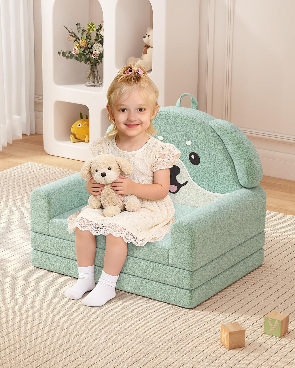 YACODAVO 2-in-1 Kids Couch, Soft Toddler Couch Fold Out for Girl and Boys, Dog Design Foldable Kids Sofa to Lounger, Convertible Kids Chairs Comfy, Gift for Birthday, Children's Day, Green