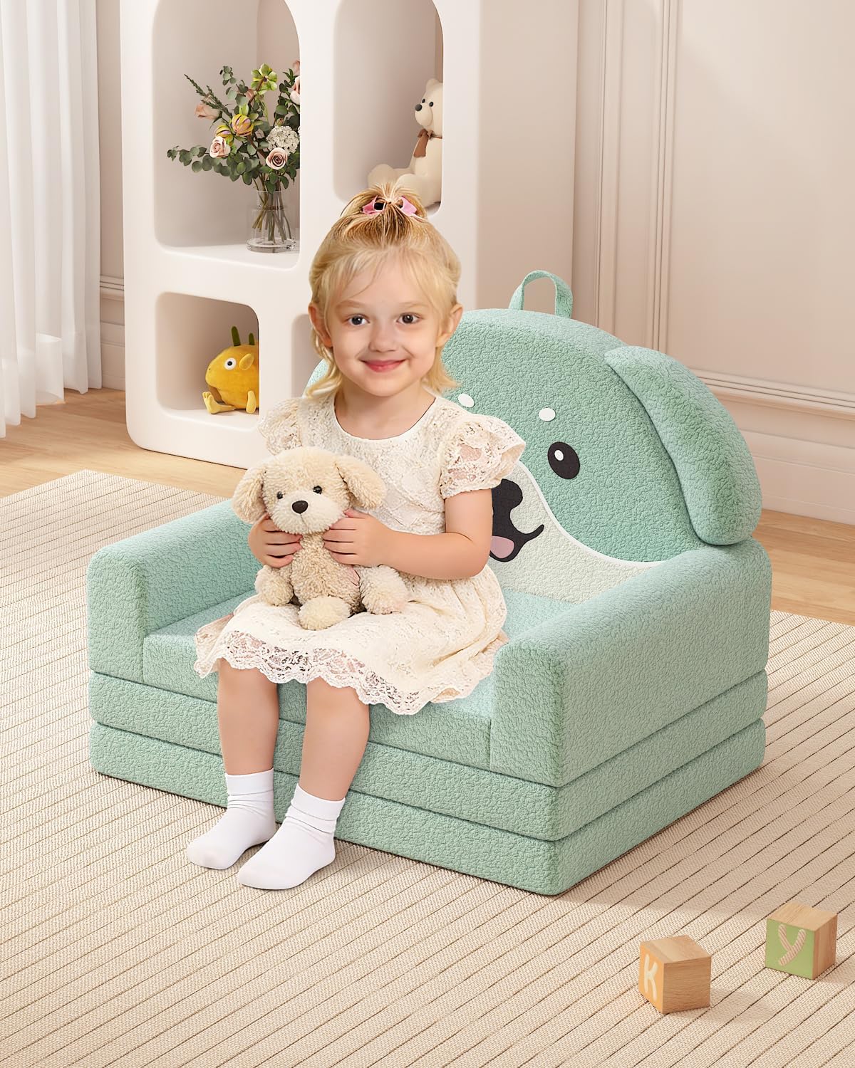 YACODAVO 2-in-1 Kids Couch, Soft Toddler Couch Fold Out for Girl and Boys, Dog Design Foldable Kids Sofa to Lounger, Convertible Kids Chairs Comfy, Gift for Birthday, Children's Day, Green
