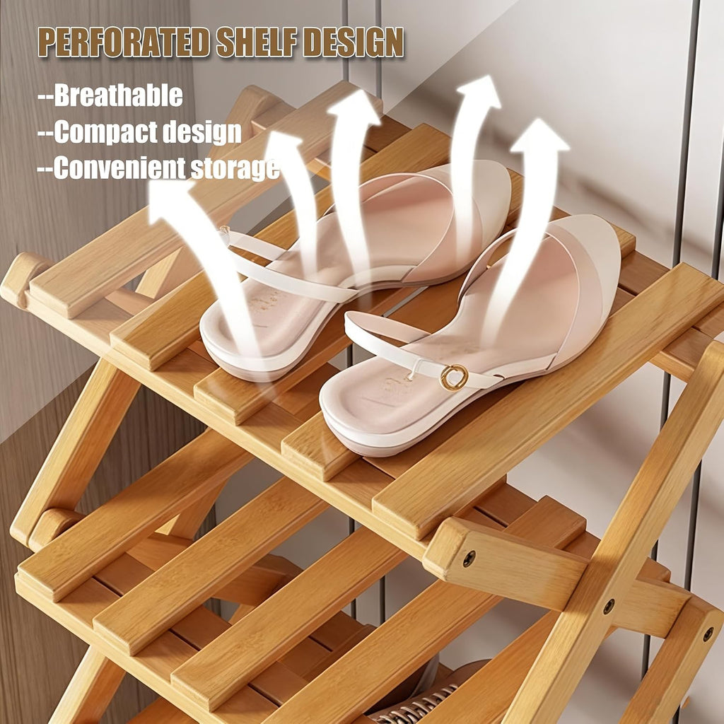 The 9-Tier No-Assembly Bamboo Rack, 2-9 Foldable Tier Bamboo Rack, Space-Saving Organizer for Shoes, No Assembly Narrow Shoe Shelf for Entryway Closet Dorm (Natural, 9 Layers)