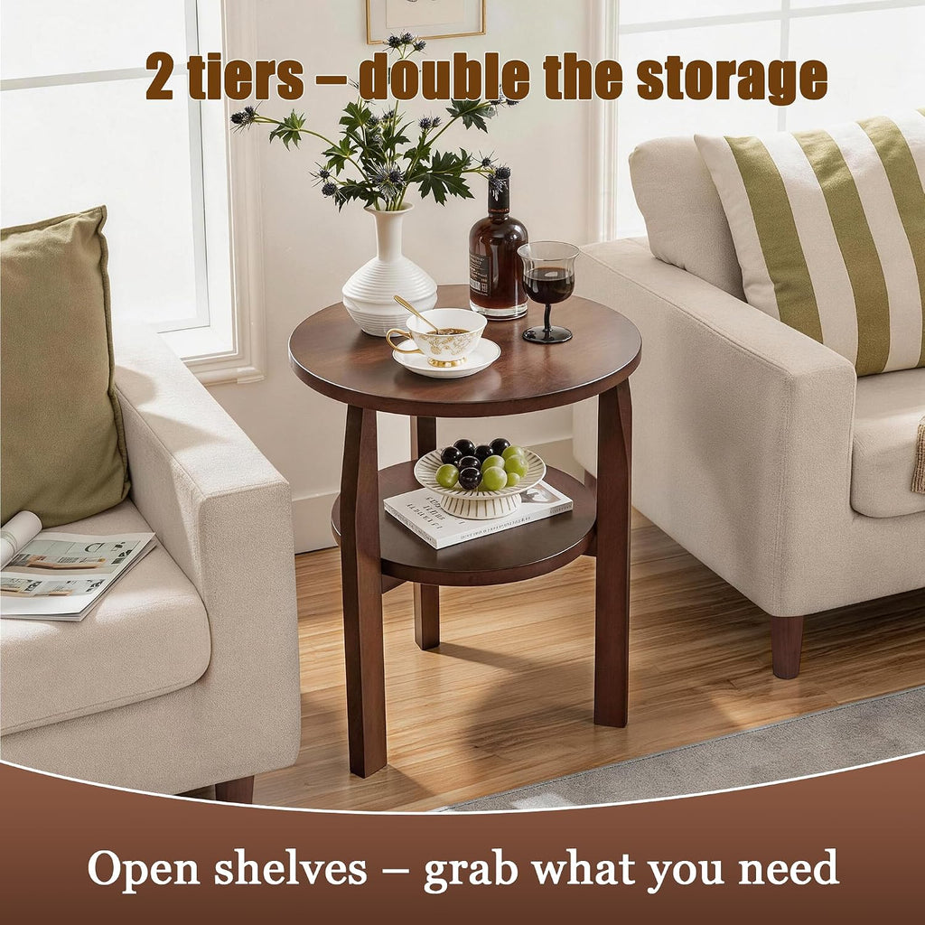 Round End Table, Solid Rubberwood 2-Tier Side Table with Open Storage Shelf, Small Accent Table for Living Room, Bedroom, Sofa Side and Small Spaces
