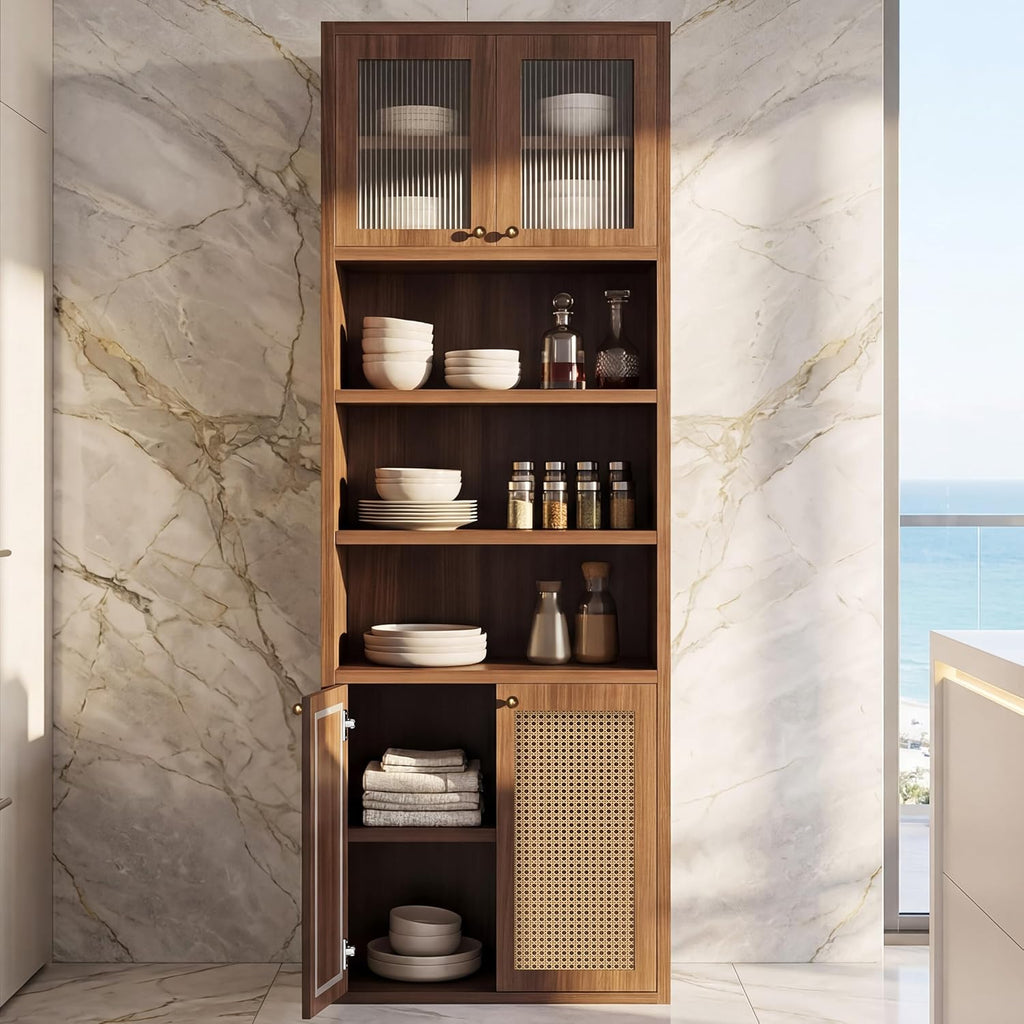 71.3''Tall Kitchen Pantry Cabinet with Oversized Open Shelf & Coffee Station,Tall Extra Deep Enclosed Storage, Fluted Rattan Doors,Adjustable Shelves, Anti-Tip, for Multi-Room Use,Brown