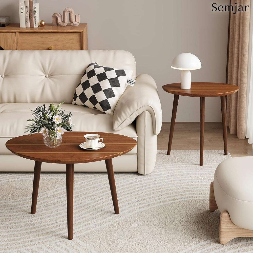 Small Oval Coffee Tables Set,Acacia Wood Nesting Tables（25.6"x17.7"+17.7"x13.4" for Living Room Small Spaces Office,Easy Assembly Wooden Minimalist Walnut Mid Century Modern Coffee Table