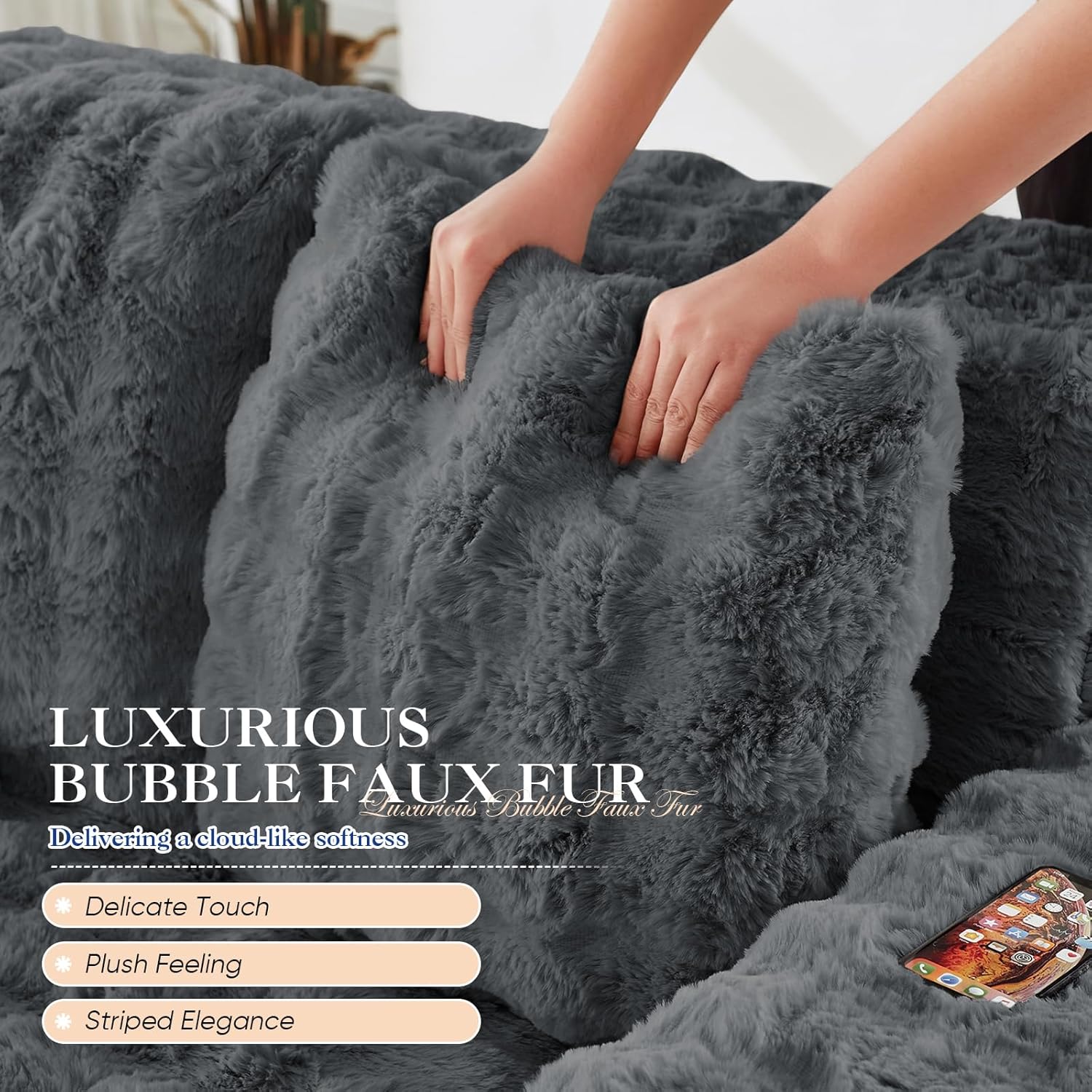 Antetek Oversized Chaise Lounge Indoor, Modern Comfy Bubble Faux Fur Fabric Deep Seat Boneless Sleeper Chaise Lounge Sofa Chair with Pillows for Living Room Bedroom Studio, No Assembly Couch, Grey
