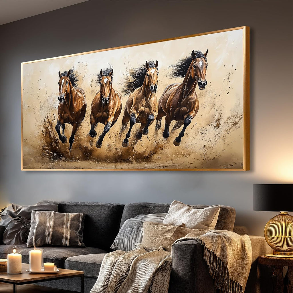 Azatyam Running Horse Wall Art Wild Horses Western Canvas Prints Brown Galloping Stallion Animal Picture Large Nature Artwork for Living Room Bedroom Office Home Decor Aluminum Alloy Frame 28" x 58"