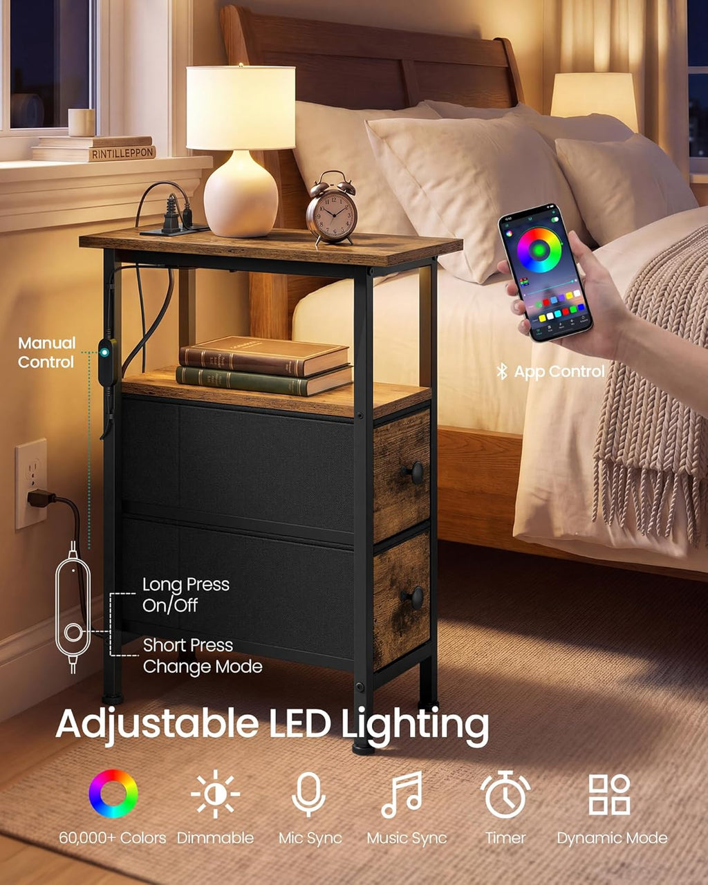 SONGMICS Side Table, Nightstand with Charging Station, End Table with LED Lighting, 2 Drawers, for Living Room, Bedroom, Set of 2, Rustic Brown, BELLAH Collection ULGS012K101