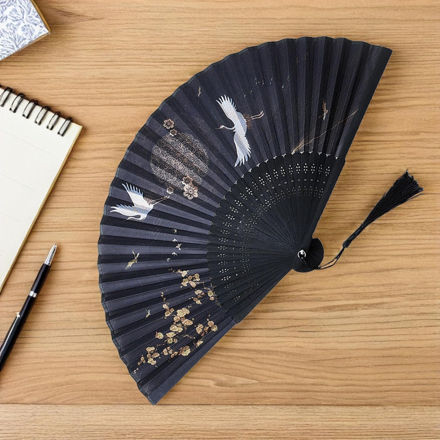 Chinese Style Handheld Folding Fan Vintage Classic Hand Fan for Wedding Dance Party Photo Prop with Crane Pattern