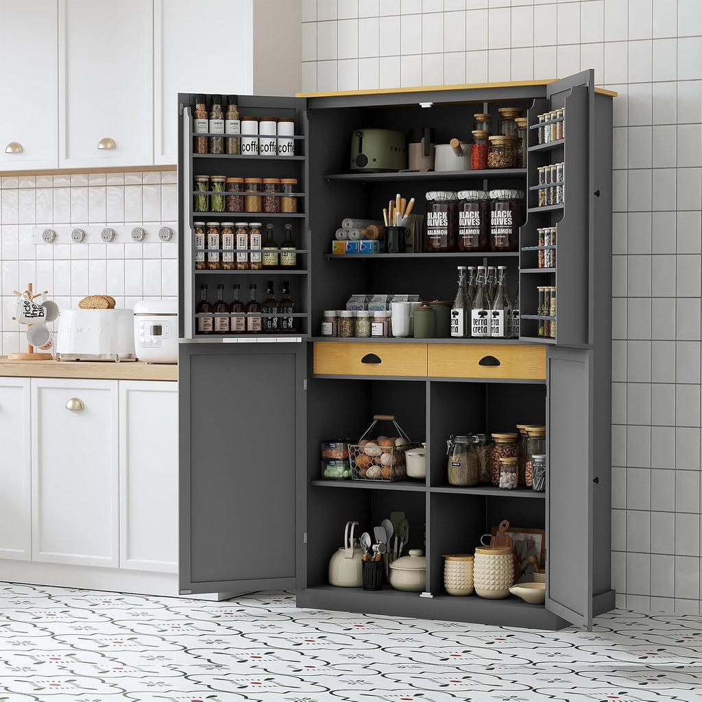 71.3" Tall Wooden Storage Cabinet with 4 Doors and Adjustable Shelves, 40.2" W Freestanding Kitchen Pantry Cupboard Storage Cabinet for Kitchen, Living Room, Dining Room and Office, Gray