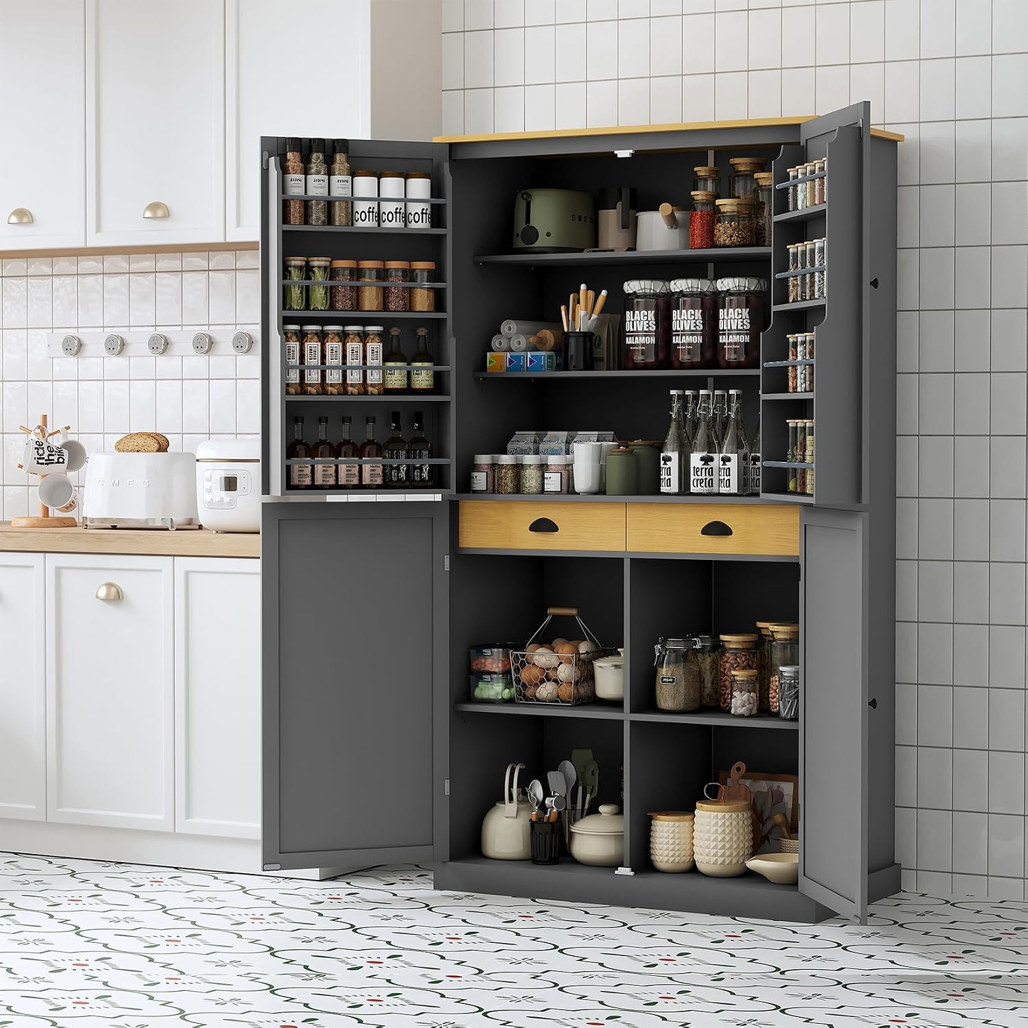 71.3" Tall Wooden Storage Cabinet with 4 Doors and Adjustable Shelves, 40.2" W Freestanding Kitchen Pantry Cupboard Storage Cabinet for Kitchen, Living Room, Dining Room and Office, Gray
