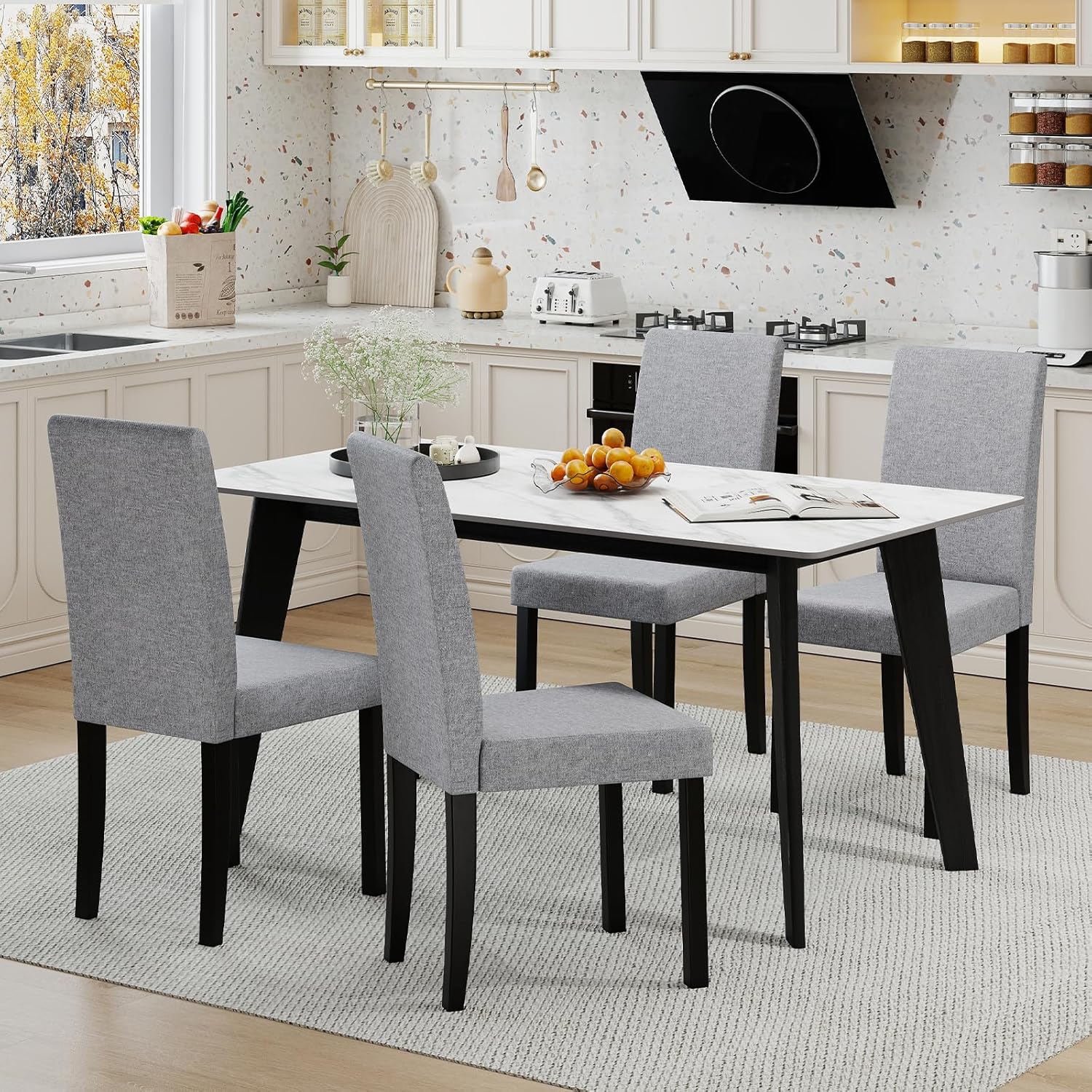 Giantex Upholstered Dining Chair Set of 2, Mid Century Modern Fabric Kitchen Chairs with Rubber Wood Legs, Thick Padded Seat, High Back, Side Armless Chairs for Living Dining Room (Gray)