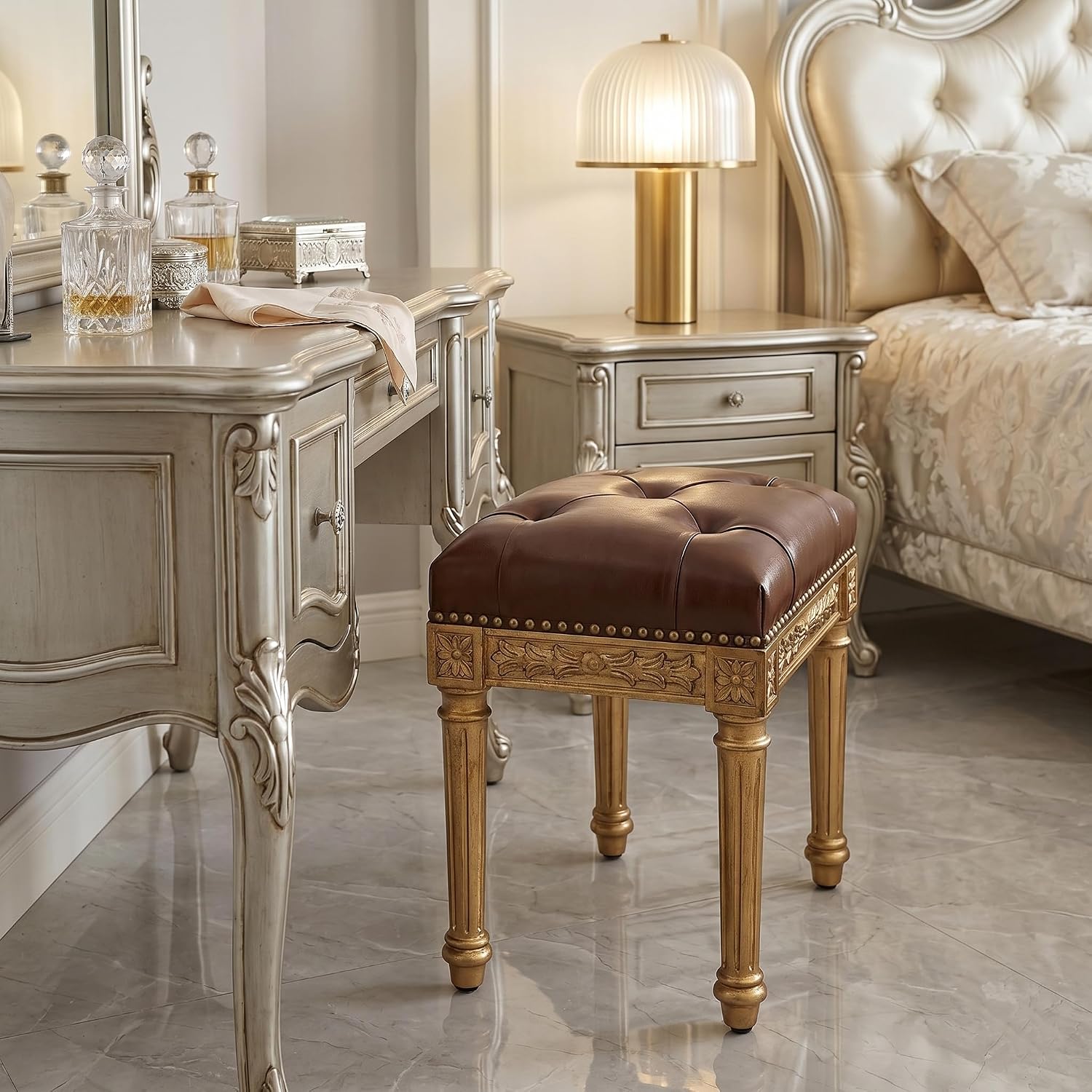 Vanity Stool, French Vintage Square Stool with Cushion, Round Tufted Upholstered for Living Room Dining Room Entryway, Makeup Foot Ottomans