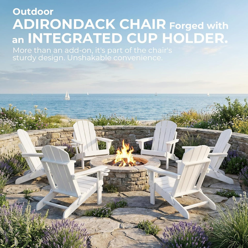 HDPE Adirondack Chair, Folding Outdoor Patio Chair with Cup Holder, Weather Resistant Wood Grain Lawn Chair for Backyard, Garden, Fire Pit, Deck, White
