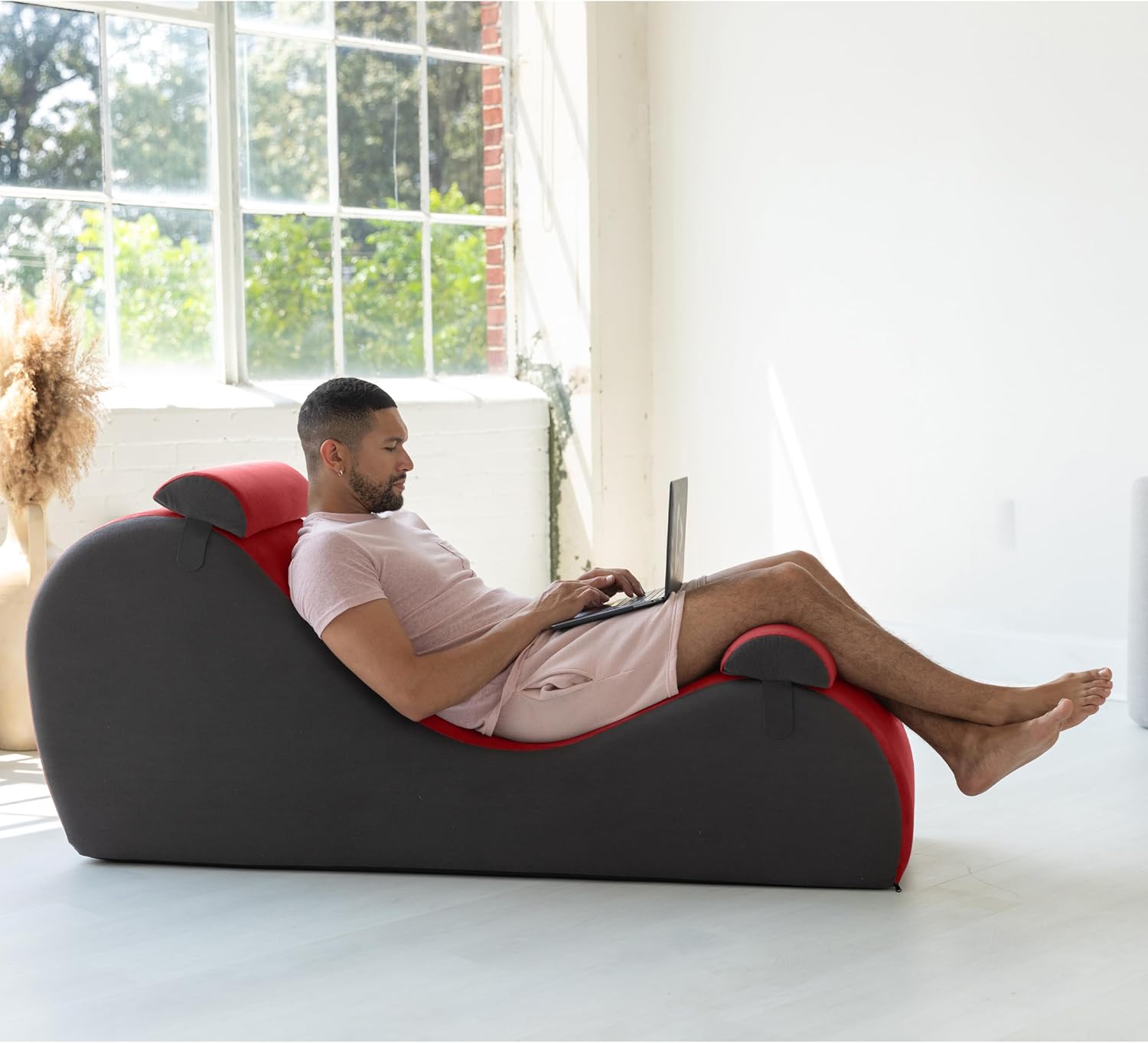 Avana Chakra Yoga Chaise - 2 Adjustable Headrests & Handles with Adjustable Straps, Micro-Velvet/Microloop, Red & Grey