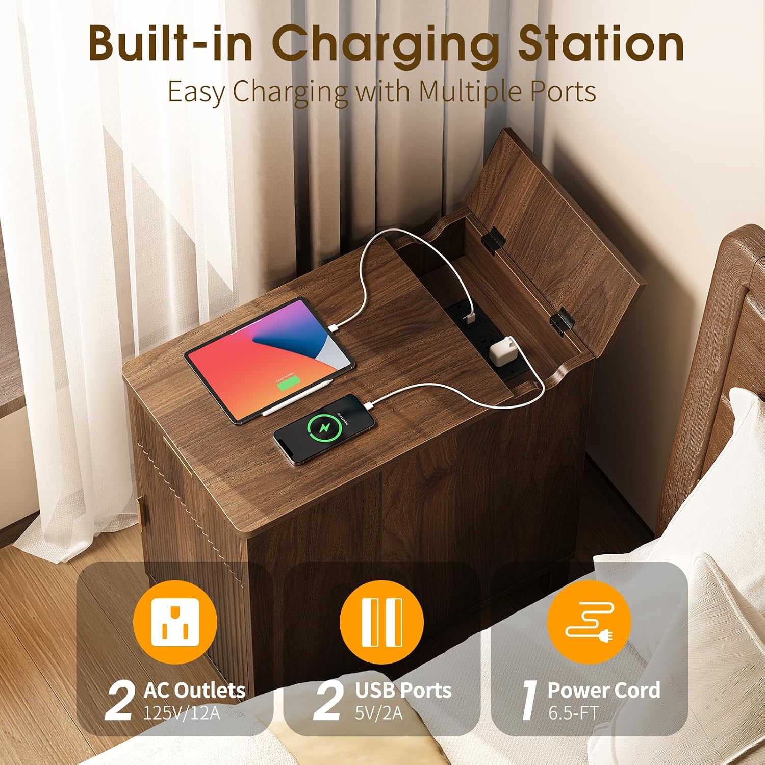 Yoobure End Table with Charging Station - Narrow Side Table for Living Room, Fluted Night Stand with Drawer and Storage Cabinet, Wood Nightstand with Adjustable Shelf for Bedroom Small Spaces