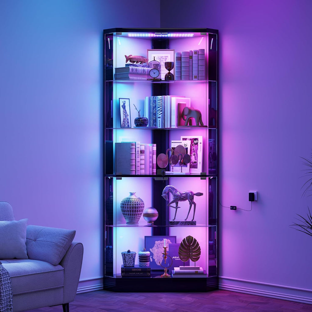 Lvifur Corner Display Cabinet with RGB Lights,5-Tiers Curio Cabinet Display Case with Lock,69" Tall Showcase Display Shelf for Collectibles, Living Room Bookcase Glass Display Cabinet,Black