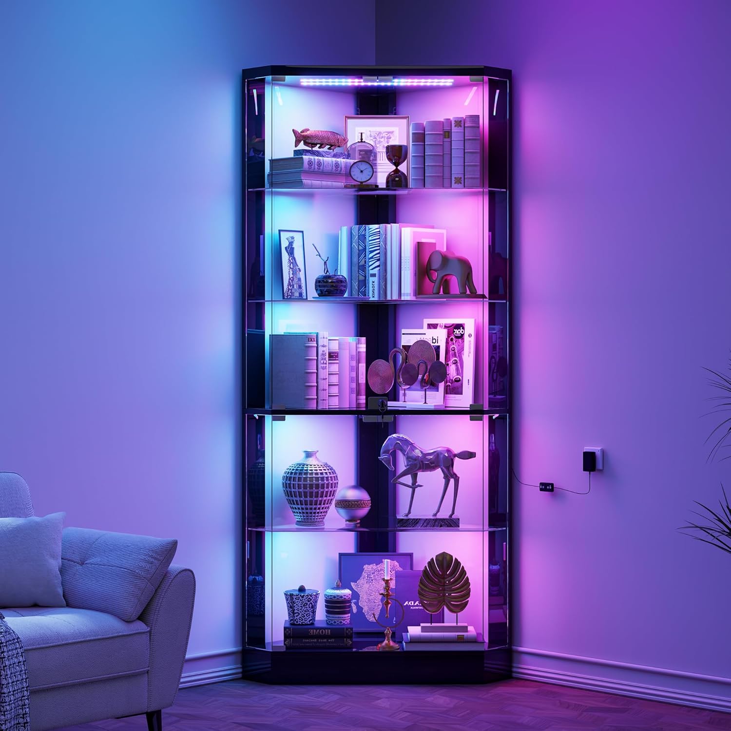 Lvifur Corner Display Cabinet with RGB Lights,5-Tiers Curio Cabinet Display Case with Lock,69" Tall Showcase Display Shelf for Collectibles, Living Room Bookcase Glass Display Cabinet,Black