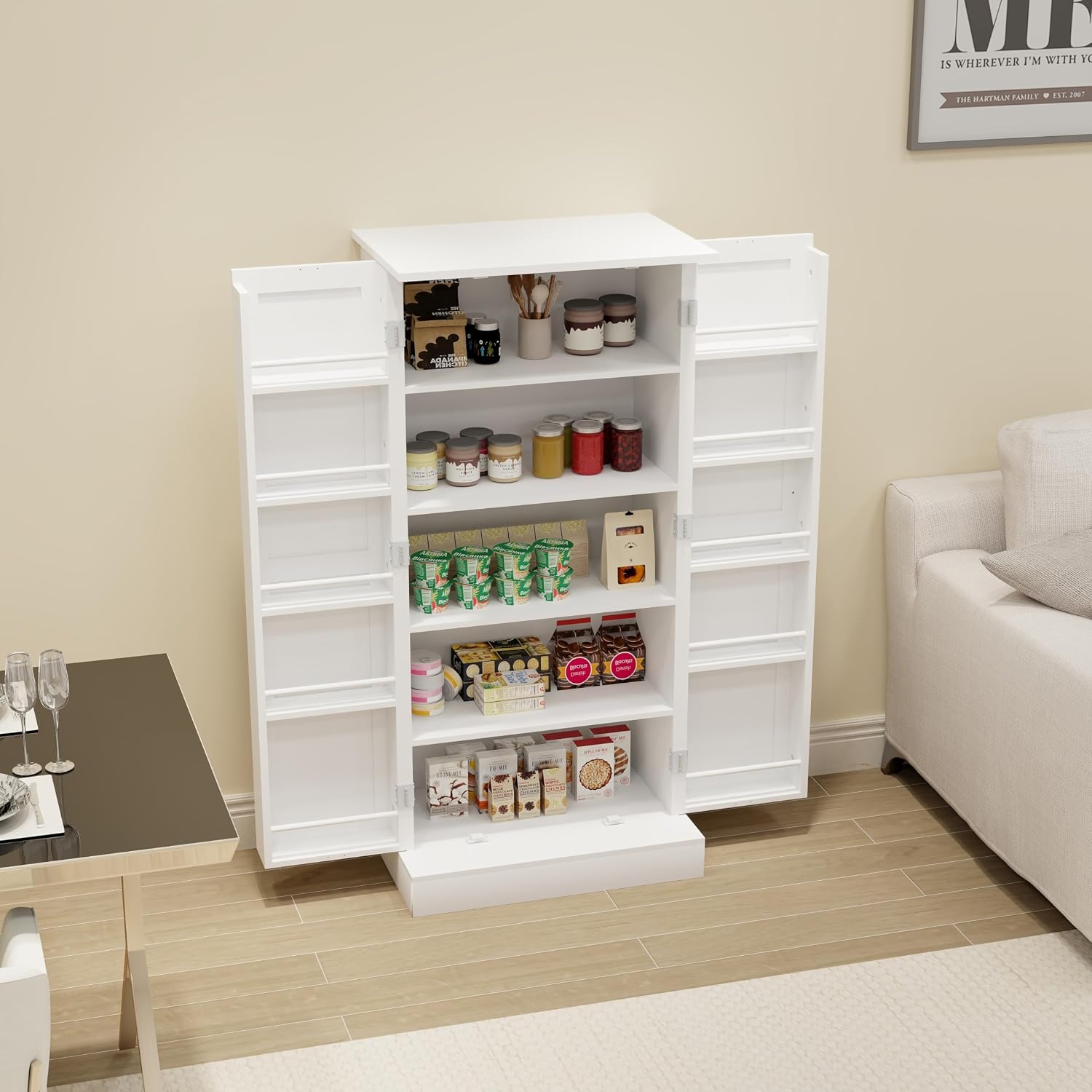 50" LED Kitchen Pantry Storage Cabinet Food Cabinet Freestanding Buffet Cupboards Sideboard with 2 Doors with Racks and Shelves for Small Space in Kitchen, Living Room and Dinning Room