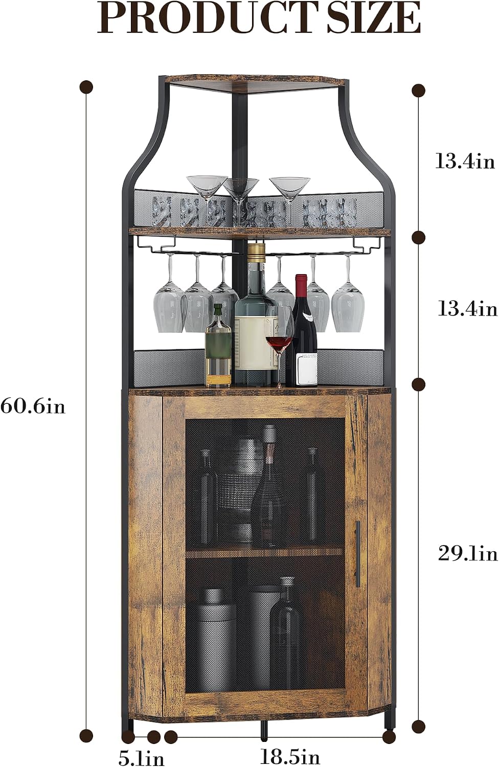 Corner Bar Cabinet, 61" Tall Farmhouse Wine Cabinet with Led Light & Detachable Wine Rack, 5-Tier Industrial Wine Cabinet with Glass Holder & Adjustable Shelves & Feet for Dining, Living Room, Kitchen