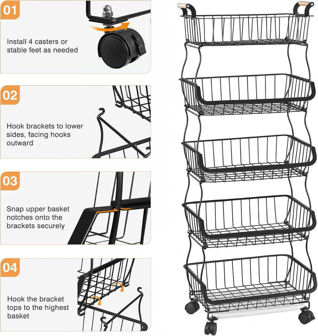 VECELO 5-Tier Fruit Basket with Wheels, Fruit and Vegetable Storage Cart for Kithchen, Easy to Move, Durable, Stackable Produce Organizer Wire Baskets for Kitchen, Pantry, Living Room