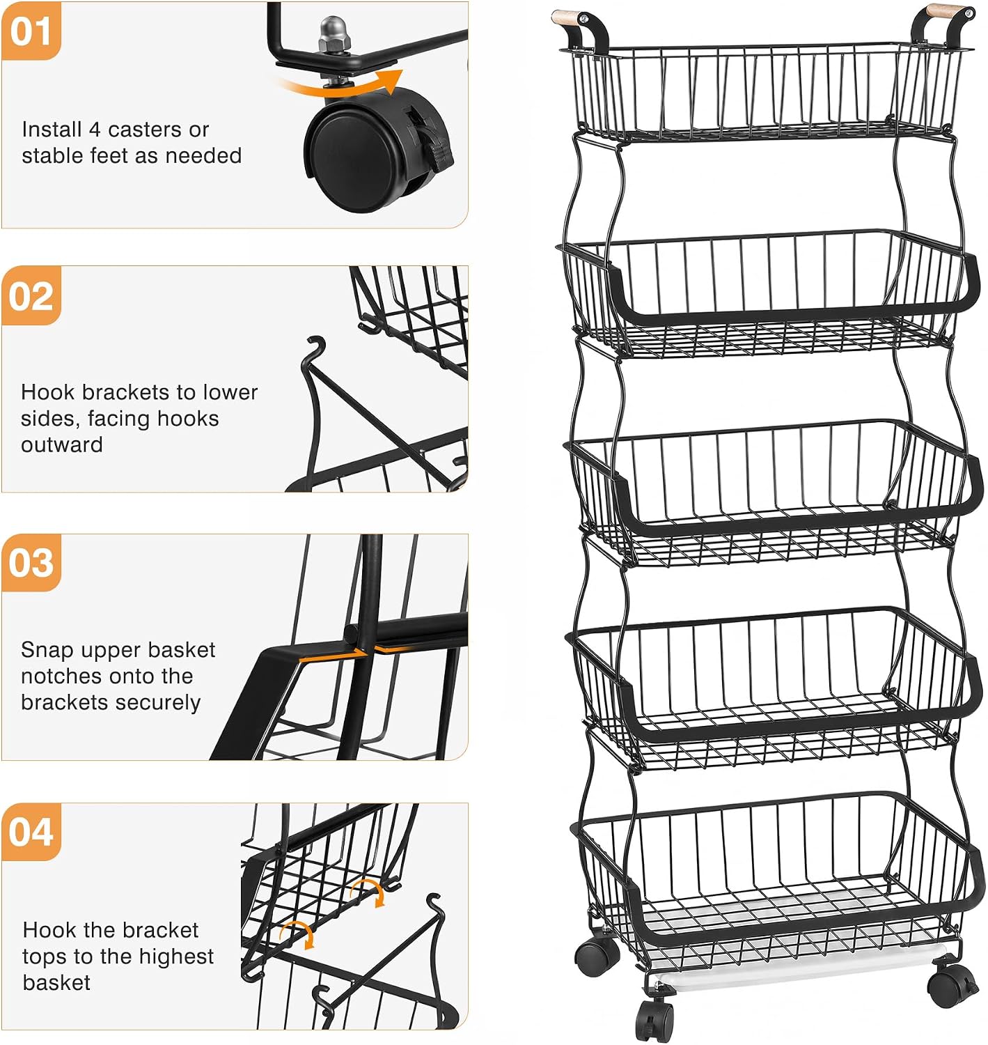 VECELO 5-Tier Fruit Basket with Wheels, Fruit and Vegetable Storage Cart for Kithchen, Easy to Move, Durable, Stackable Produce Organizer Wire Baskets for Kitchen, Pantry, Living Room