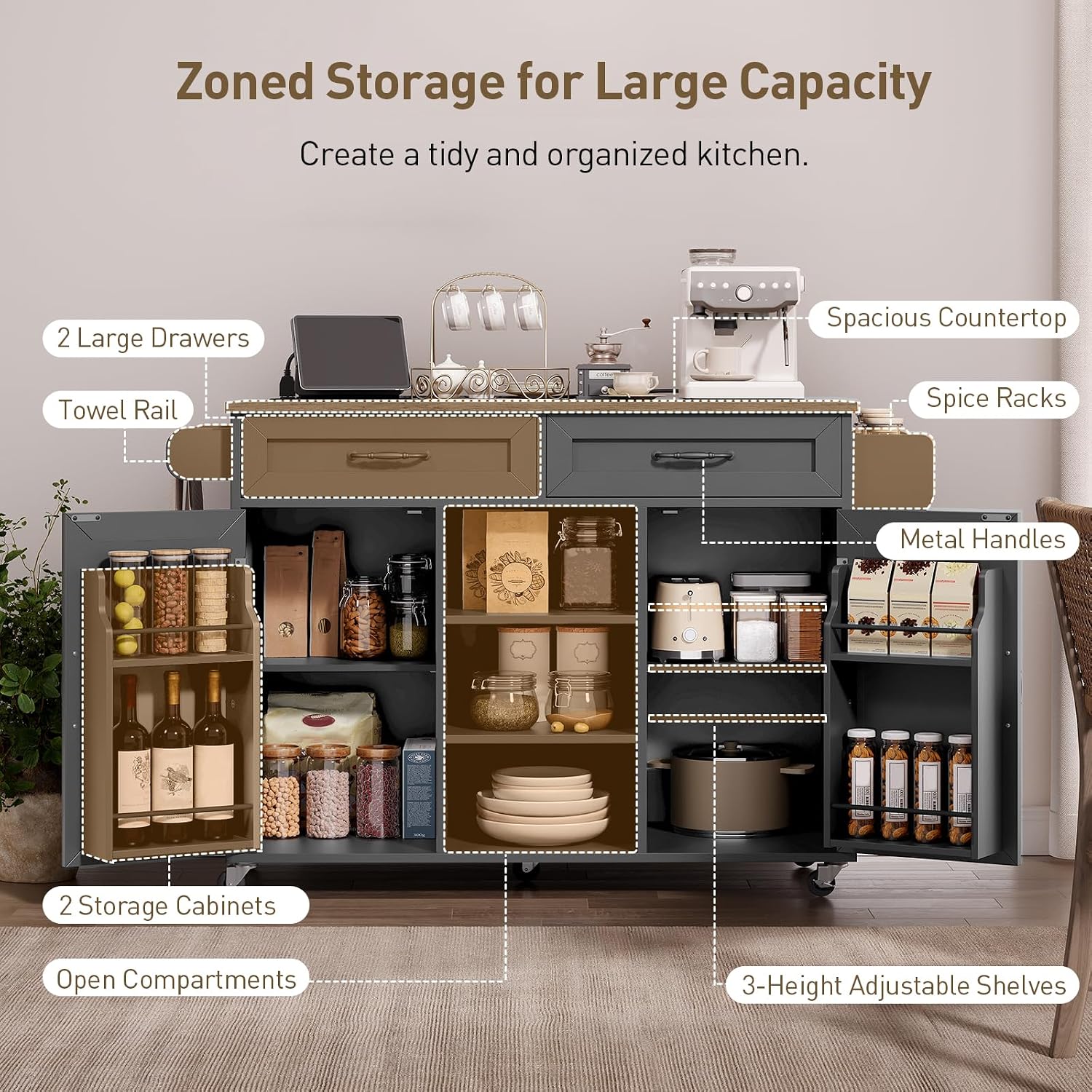 RALGEND Kitchen Island with Power Outlets & Drop Leaf, Kitchen Cart with Storage, Drawer and Spice Rack, Tower Rack, Island Table, Black and Rustic Brown