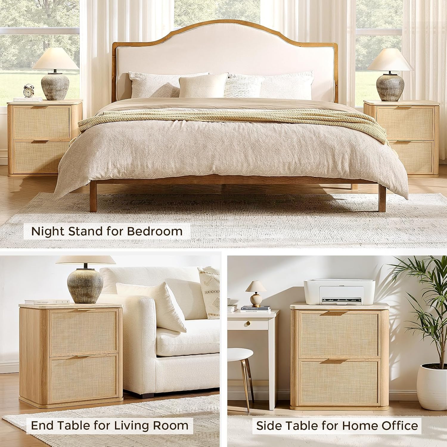 NightStand Set of 2, 23.11" W Rattan Nightstand with 2 Drawers, Faux Marble Top Bedside Table, Boho Mid Century End Table for Bedroom Living Room Sofa Office, Natural Oak [FSC Certified]