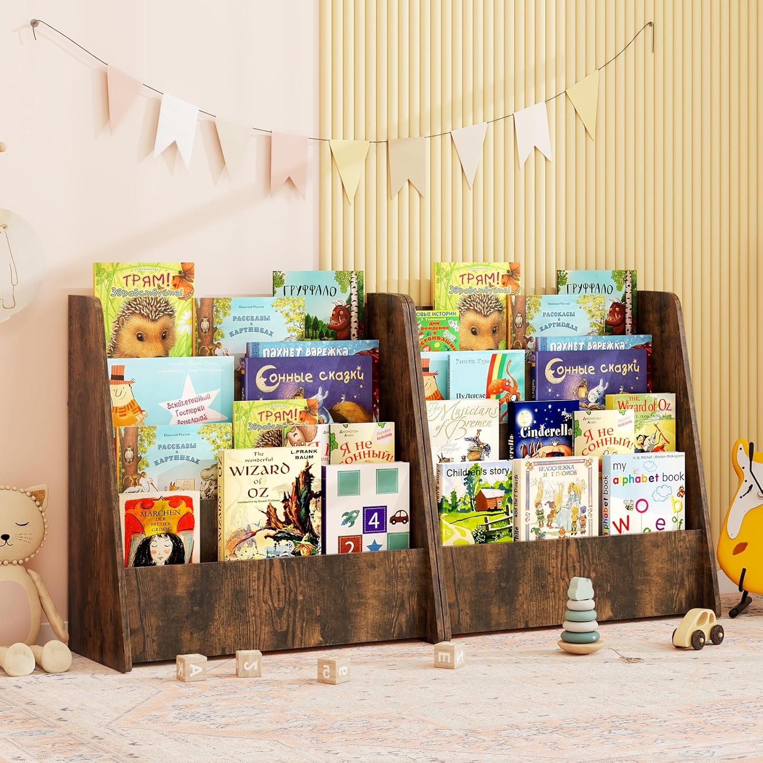 GLACER 4-Tier Kids Bookshelf, Wood Toddler Bookcase with Deep Magazine Display Shelf & Back Storage Space, Children Storage Organizer for Nursery, Playroom, Kids Bedroom, Classroom (Rustic Brown)