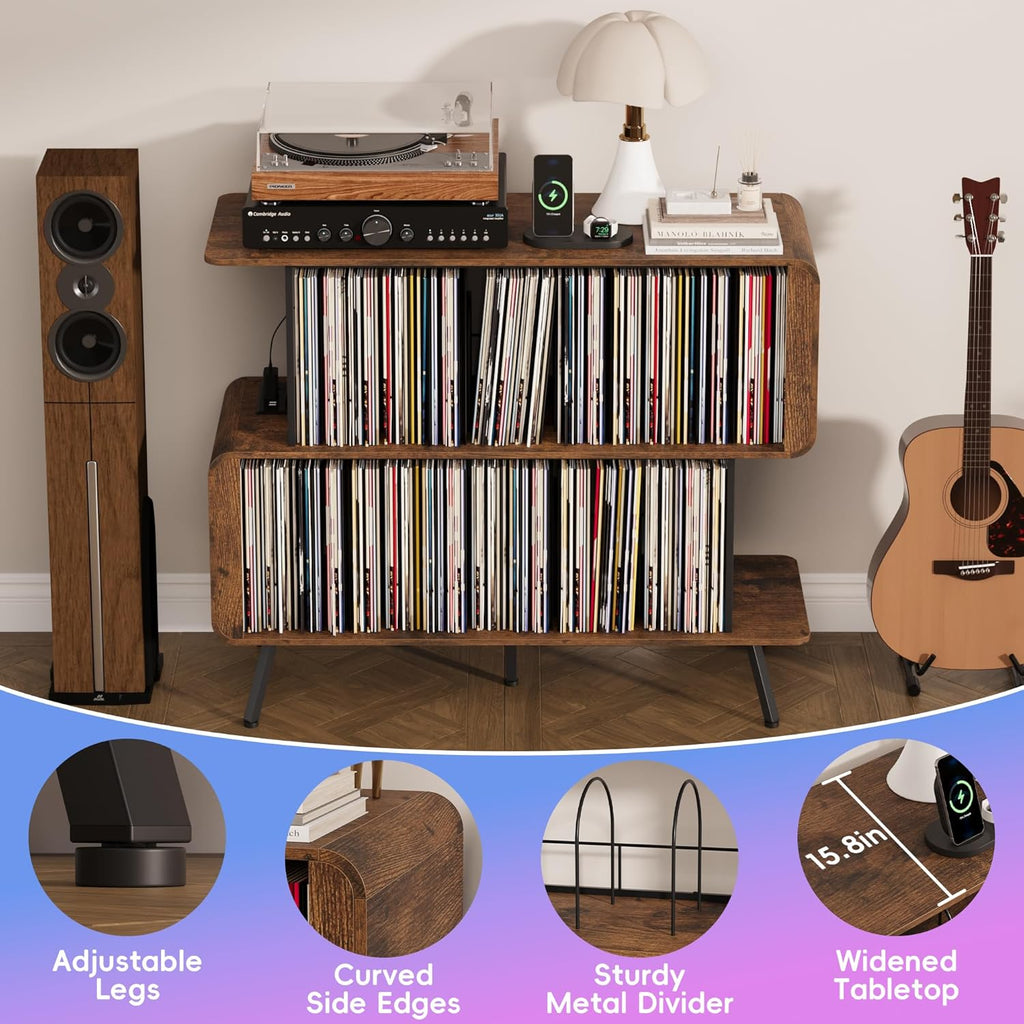 Record Player Stand with Vinyl Record Storage - 3-Tier Record Player Table with Power Outlets & LED Light, Mid-Century Modern Turntable Stand Vinyl Shelf Display Cabinet, Holds 500+ Albums, Brown