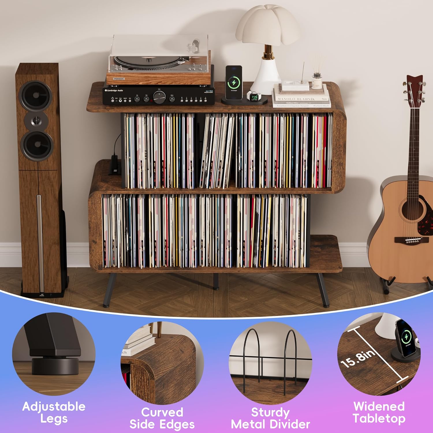 Record Player Stand with Vinyl Record Storage - 3-Tier Record Player Table with Power Outlets & LED Light, Mid-Century Modern Turntable Stand Vinyl Shelf Display Cabinet, Holds 500+ Albums, Brown