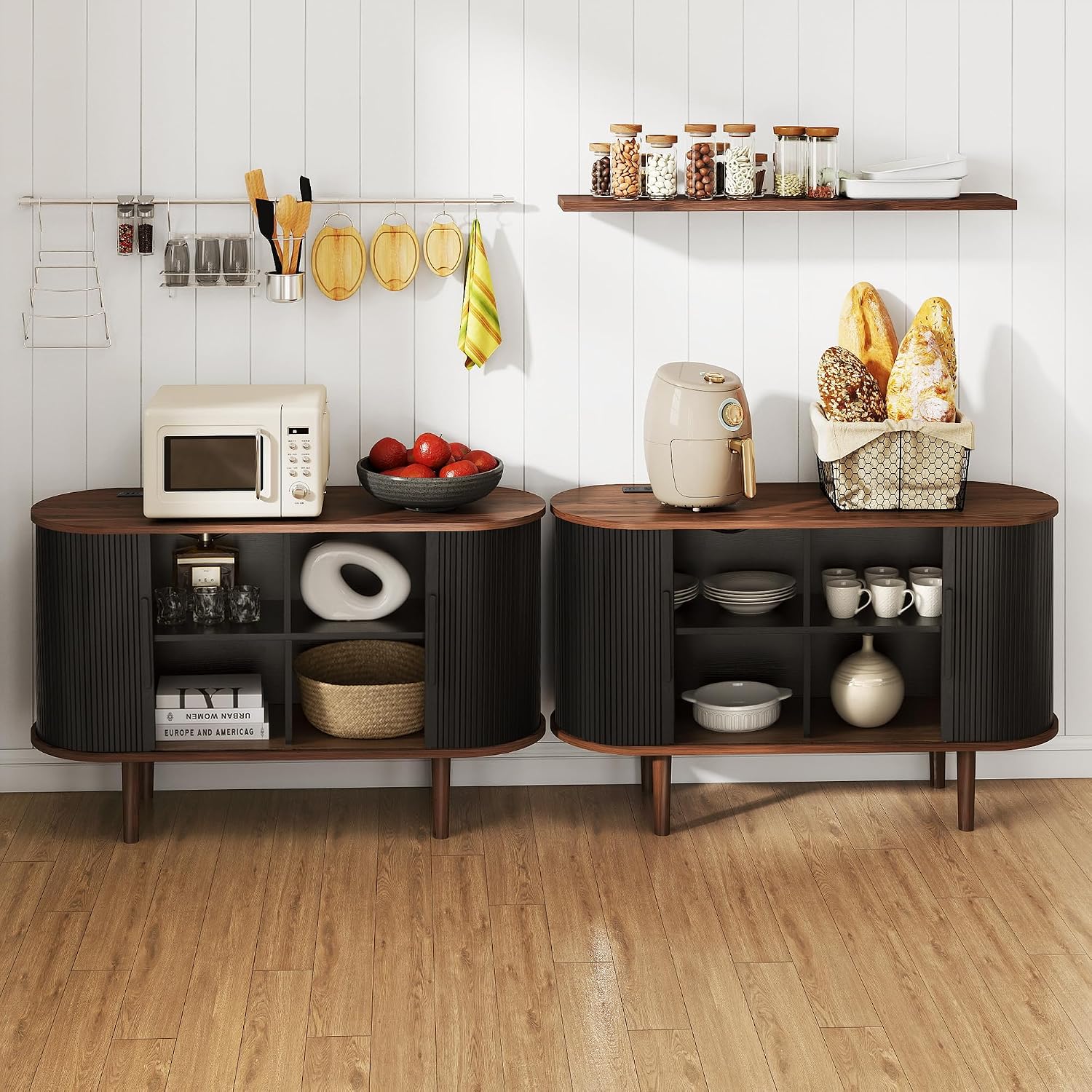 47" Modern Buffet Cabinet with Charging Station, Mid-Century Fluted Sideboard Table, Rounded Console with Storage & USB/Type-C Ports for Dining Room Kitchen Coffee Bar, Black