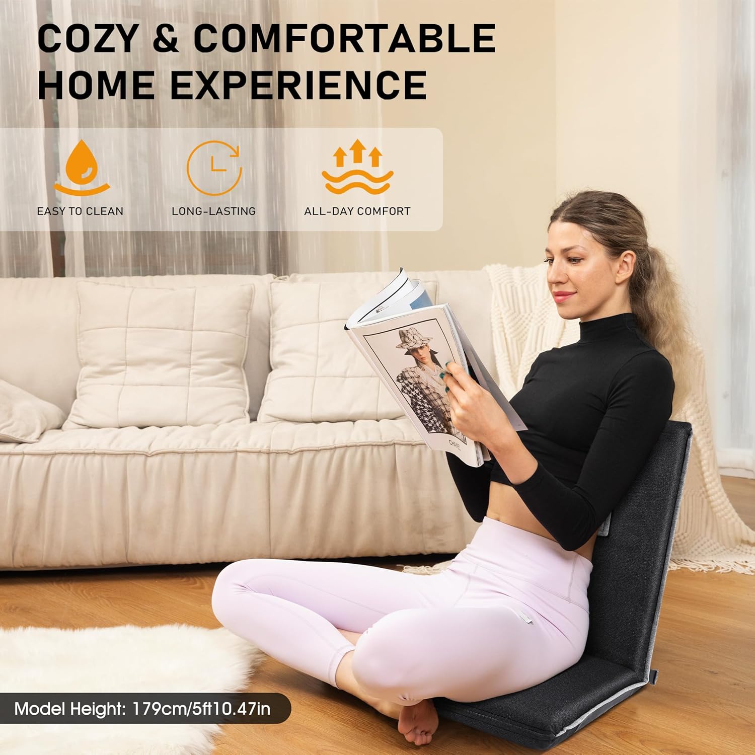 Floor Chair with Back Support 14-Position Adjustable Floor Chair Portable Ground Seating for Adults & Kids Foldable Meditation Seat with Japanese KOYO Bearings & Washable Linen Cover (Black)
