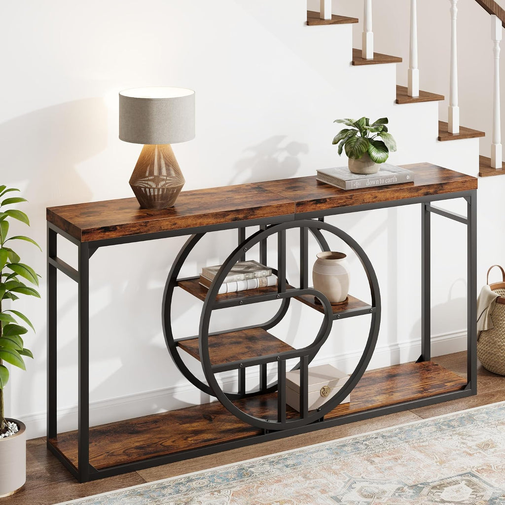 Garvee 55" Entryway Table, 5-Tier Console Tables for Entryway, Industrial Sofa Tables with Storage for Living Room, Entry Hallway Couch Entrance Table with o-Shaped Metal Frame & Storage Shelves