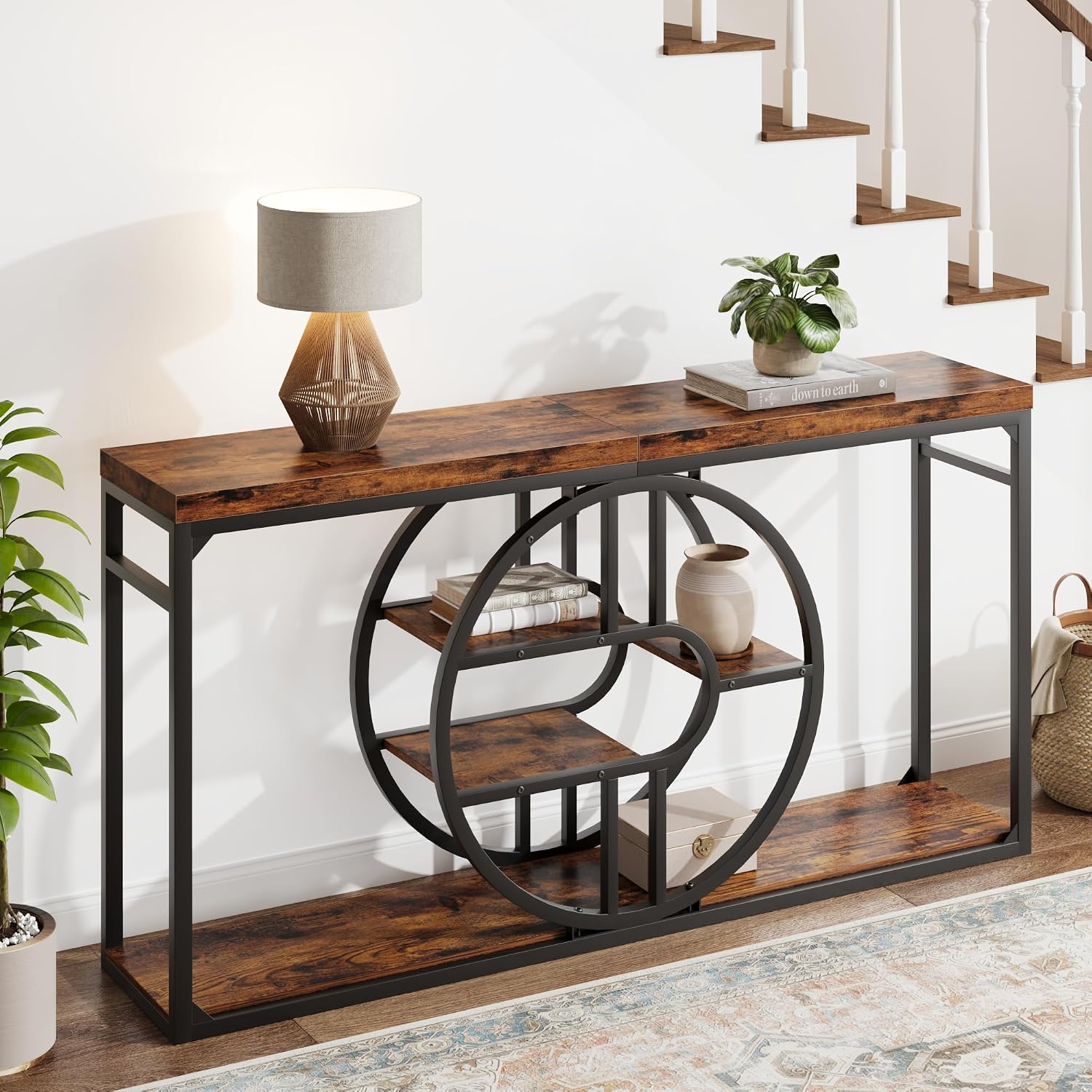 Garvee 55" Entryway Table, 5-Tier Console Tables for Entryway, Industrial Sofa Tables with Storage for Living Room, Entry Hallway Couch Entrance Table with o-Shaped Metal Frame & Storage Shelves