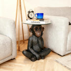 Animal Resin Side Table, Monkey Base Glass Top Side Table, Art Deco Style, Suitable for Gardens, Courtyards, Living Rooms, and Gifting (13in)
