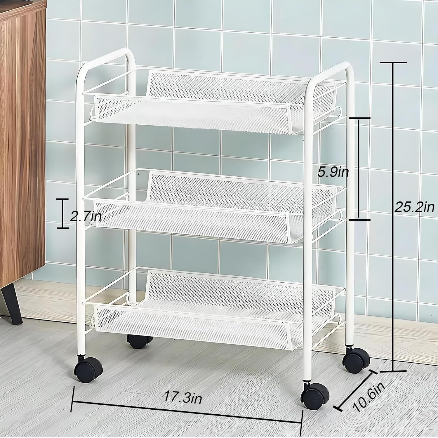 Storage Carts 3-Tier, Metal Utility Rolling Cart with Wheels, Snack Shelves, Fruit Basket Stand for Living Room, Kitchen, Office, with 360° Wheels & Hooks, White