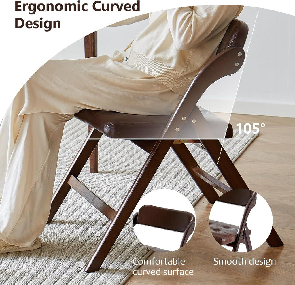 Wood Folding Chairs Set of 2, Upholstered Foldable Dining Chairs with Padded Seat and Backrest, Portable Accent Chairs for Kitchen, Dining Room, Apartment, Guest Seating, Walnut and Brown