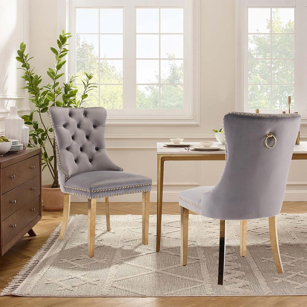 Velvet Upholstered Dining Chairs Set of 8, Modern Style Kitchen Side Chairs with Nailhead Trim and Gold Plated Leg, Metal Pulling Ring for Dining Room Living Room(Grey)