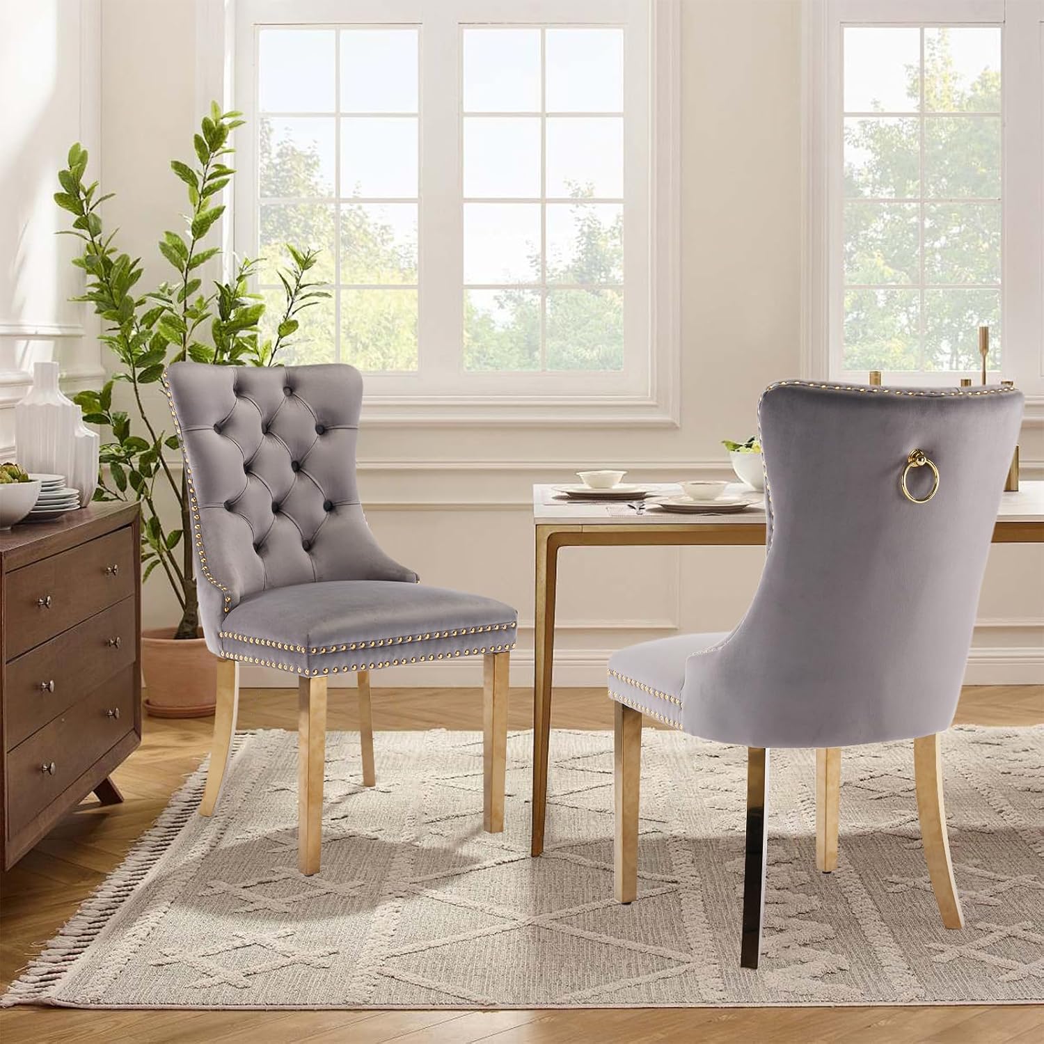 Velvet Upholstered Dining Chairs Set of 8, Modern Style Kitchen Side Chairs with Nailhead Trim and Gold Plated Leg, Metal Pulling Ring for Dining Room Living Room(Grey)
