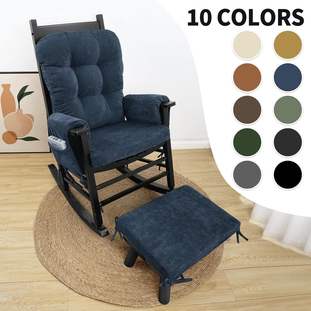 5 PCS Glider Rocker Replacement Cushions with Storage Side Pocket, Luxuriy Chenille Fabric Foam & Microfiber Filling, Thickened & Supportive Rocking Chair Cushion Set, Dark Blue