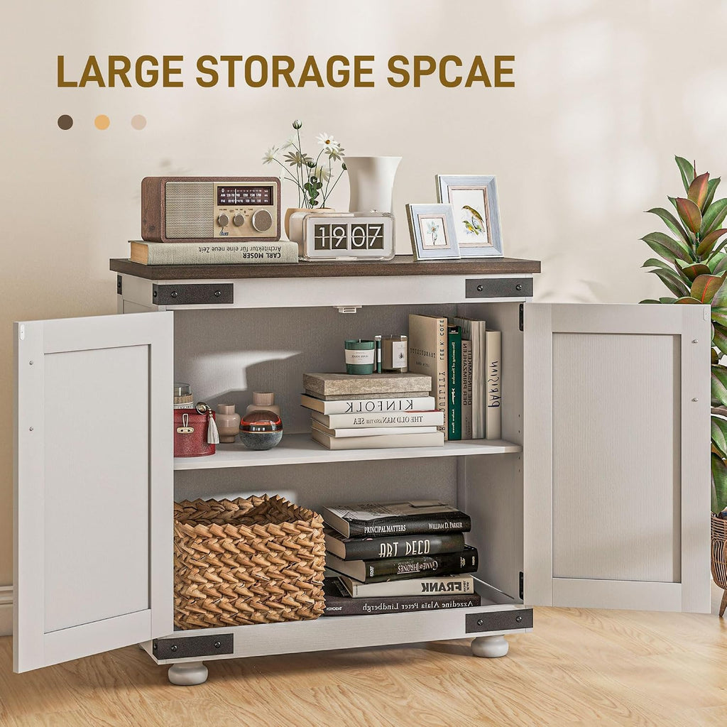 Farmhouse Kitchen Pantry, White Sideboard Buffet Cabinet with Barn Door and Adjustable Shelf, Wood Legs, Easy to Maintain, for Dining Room