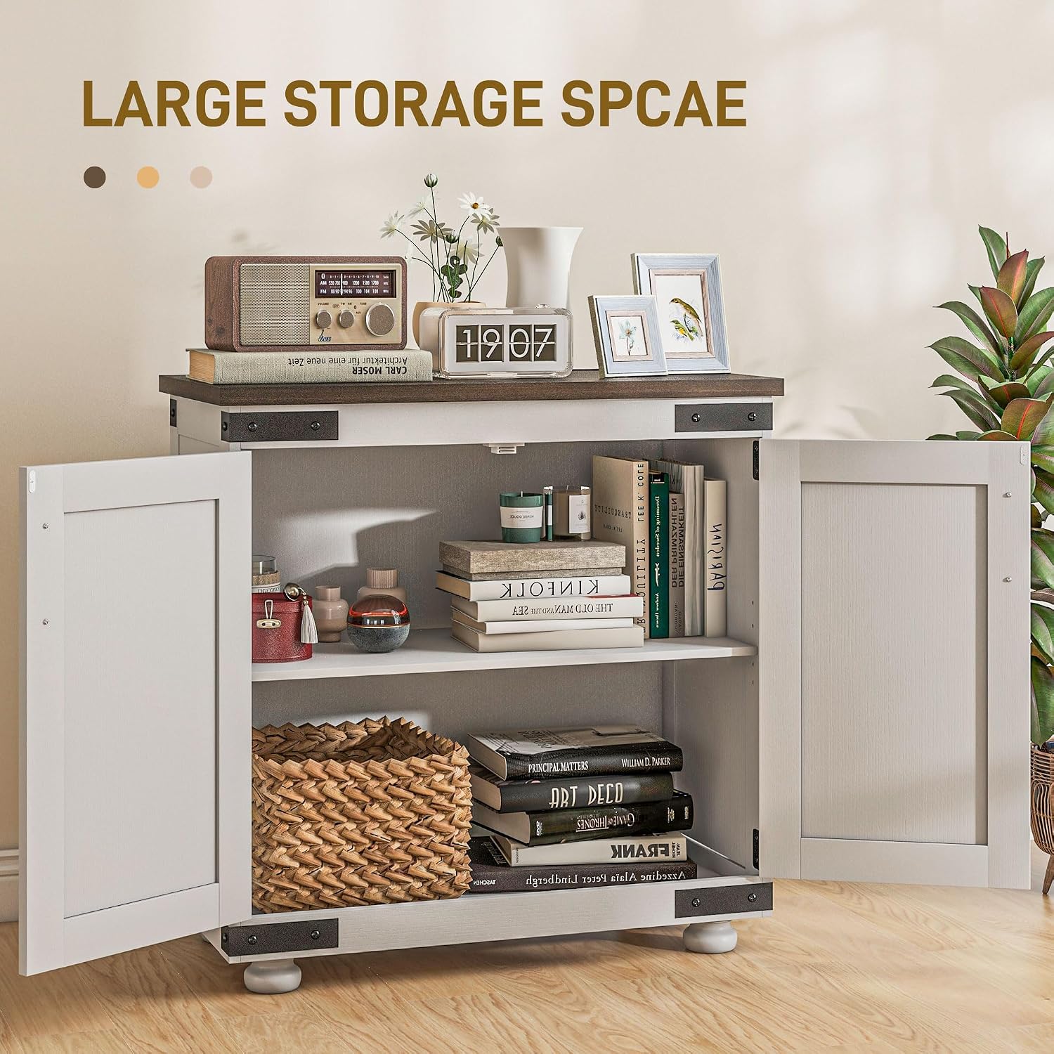 Farmhouse Kitchen Pantry, White Sideboard Buffet Cabinet with Barn Door and Adjustable Shelf, Wood Legs, Easy to Maintain, for Dining Room