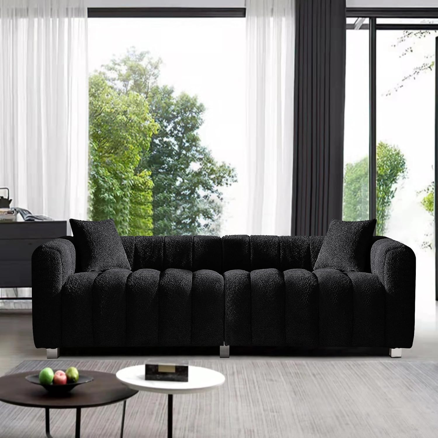 87.4" Modern 3 Seater Sofa Couch for Living Room, Mid Century Fluffy Couches with Solid Wood Frame and 6 Legs for Bedroom, Apartment, Weight Capacity 750 LBS (Black)