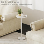 KJGKK Drink Table, 11 inch Dia., Small Pedestal Side Table, Round Cocktail Table, Circle End Table with Metal Base, for Small Spaces, Living Room, Bedroom, Faux Marble, White