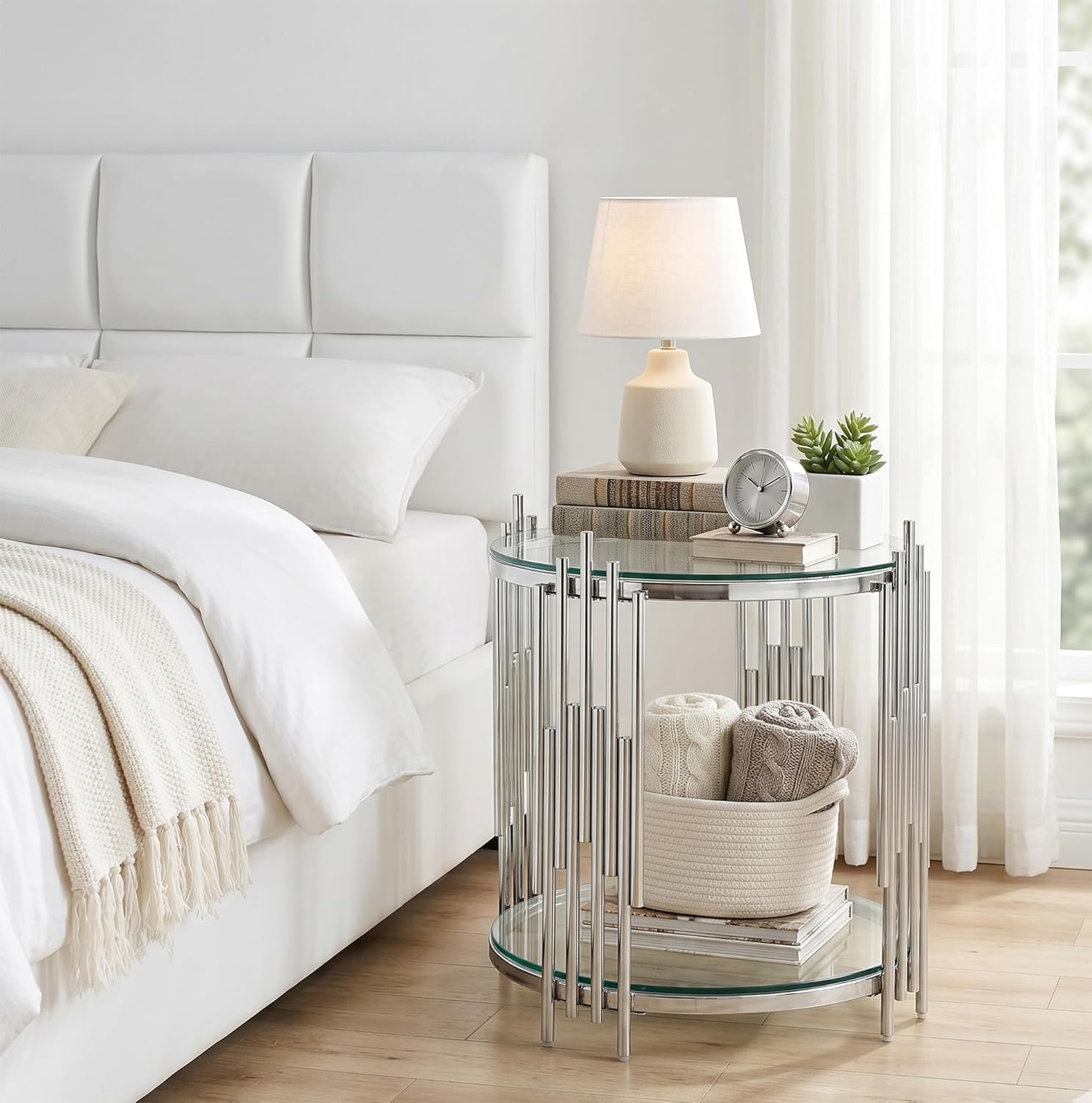 Modern Glass End Table, 19.69" Round Sofa Side Table with Silver Stainless Steel Frame and Clear Glass Top, Cocktail Tea Table, Luxury 2-Tier End Table with Storage Shelves for Home Office