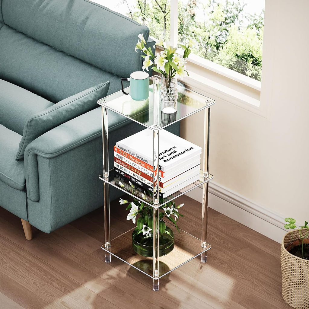 Clear Acrylic Side Table, 11.81" L x 11.81" W x 26.7" H, 3-Tier Square Corner Shelf End Table for Living Room, Small Modern Bedside Tables Nightstand for Bedroom, Home Decor Accent Table 13-01