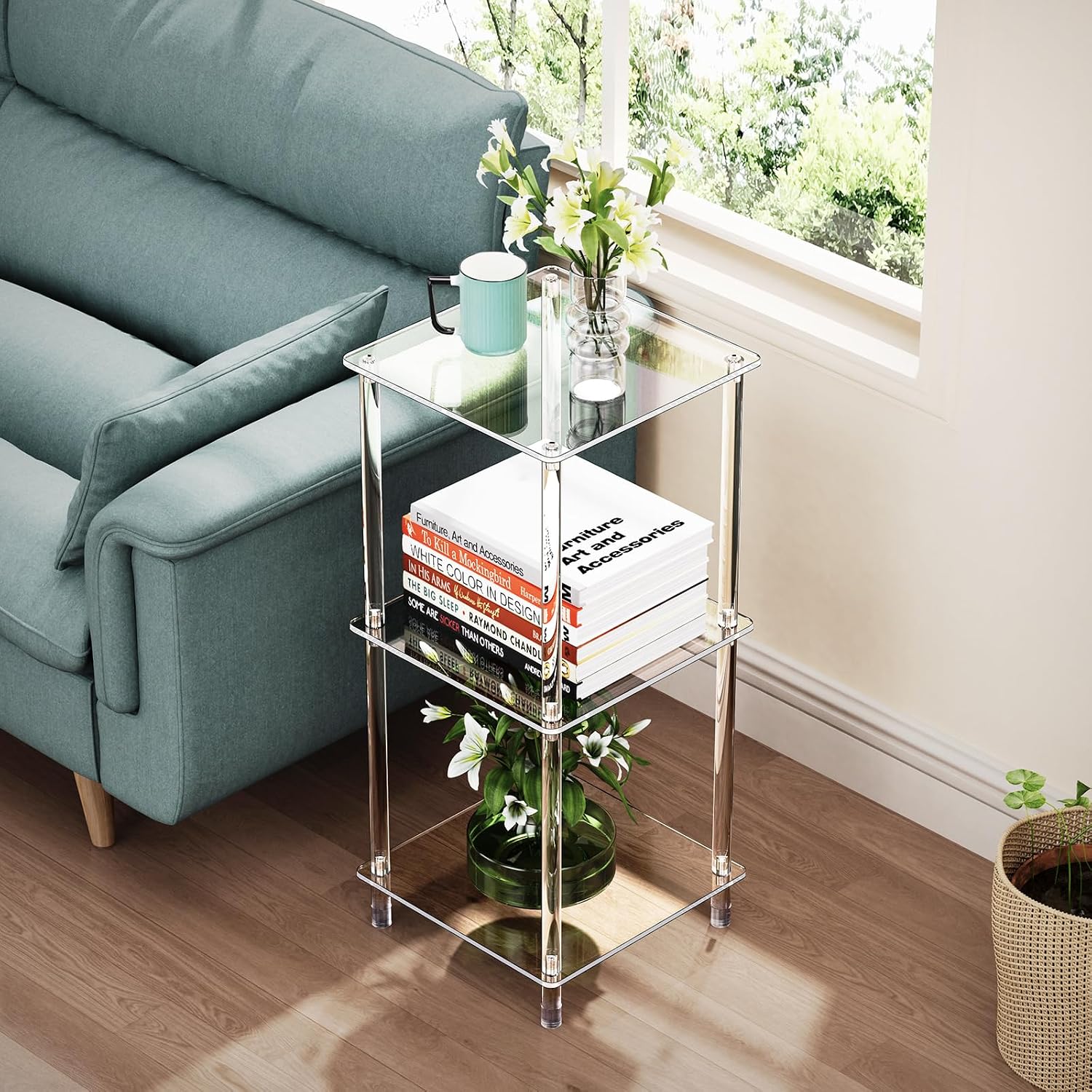 Clear Acrylic Side Table, 11.81" L x 11.81" W x 26.7" H, 3-Tier Square Corner Shelf End Table for Living Room, Small Modern Bedside Tables Nightstand for Bedroom, Home Decor Accent Table 13-01