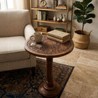 TUP THE URBAN PORT Ari 22 Inch Side End Table, Round Top, Hand Carved Indian Mandala Boho Accent, Brown Mango Wood