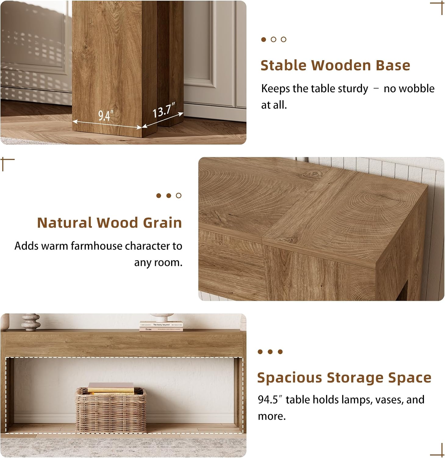 Epecoya 94.5 Inch Extra Long Console Table, Farmhouse Large Wooden Entryway Table, Long Sofa Table Behind Couch for Spacious Living Room Hallway, Natural Oak Brown