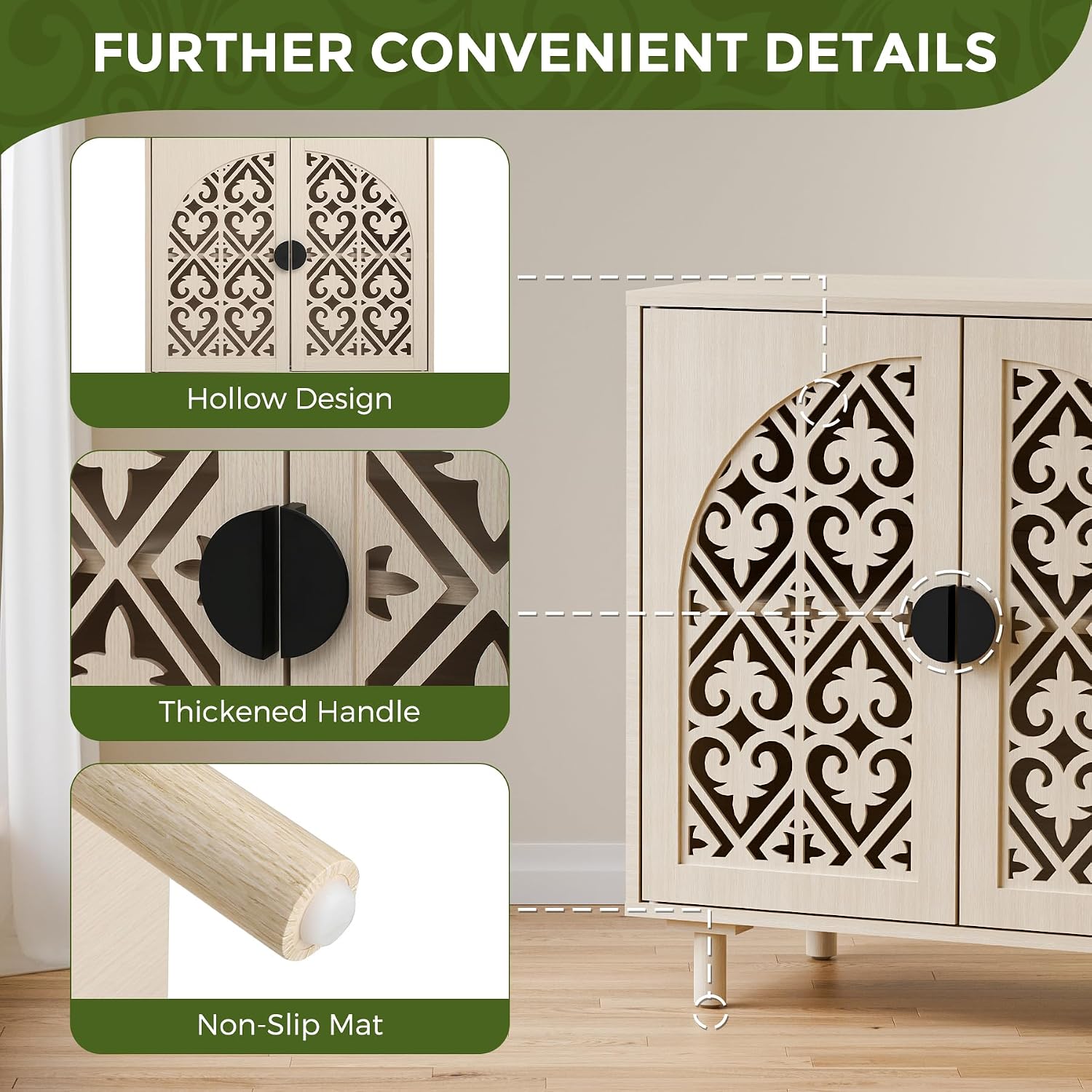 Set of 2 Sideboard Buffet Cabinet, Boho Storage Cabinet with Doors and Shelves, Curved Accent Cabinet with Hollow Door for Living Room, Kitchen, Hallway, Beige